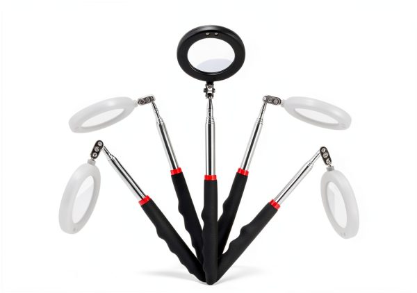4PCS Telescoping Inspection Mirror LED Lighted Inspection Mirror for Mechanic Checking Vehicle, Car, Eyelashes, Mouth, Small Parts Observation (Extendable, Rectangle & Round)-4
