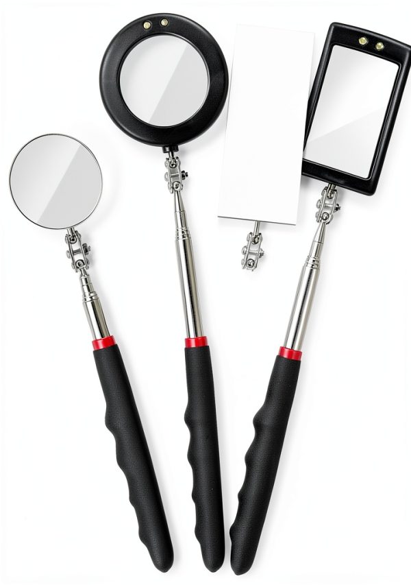 4PCS Telescoping Inspection Mirror LED Lighted Inspection Mirror for Mechanic Checking Vehicle, Car, Eyelashes, Mouth, Small Parts Observation (Extendable, Rectangle & Round)-0