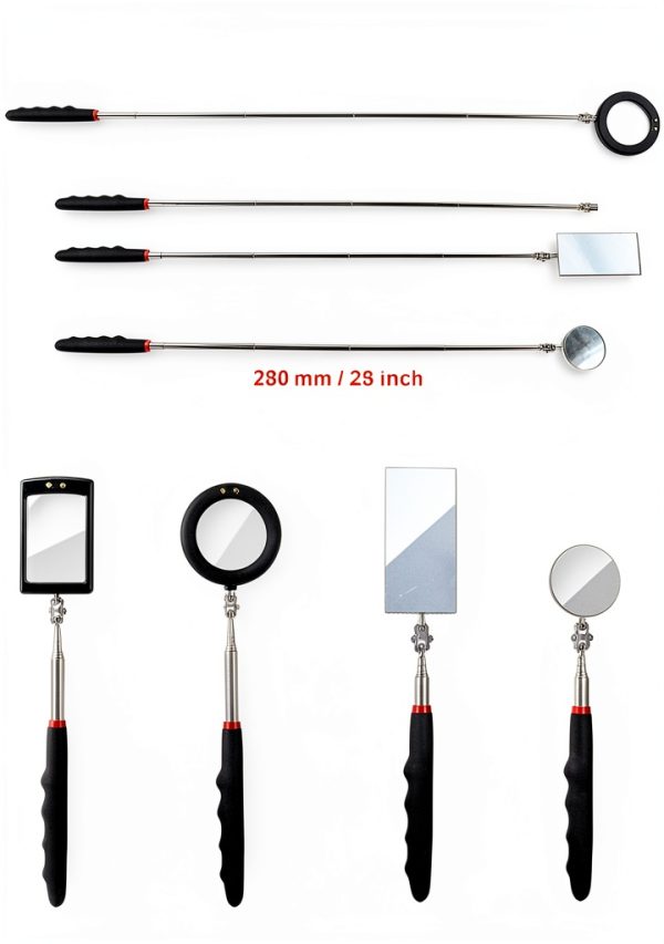 4PCS Telescoping Inspection Mirror LED Lighted Inspection Mirror for Mechanic Checking Vehicle, Car, Eyelashes, Mouth, Small Parts Observation (Extendable, Rectangle & Round)-1